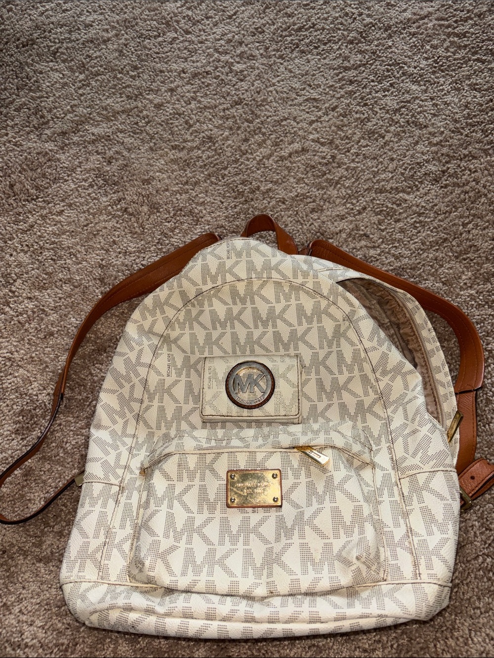Michael Kors Cream and Brown Logo Backpack with Gold Plate and Wallet